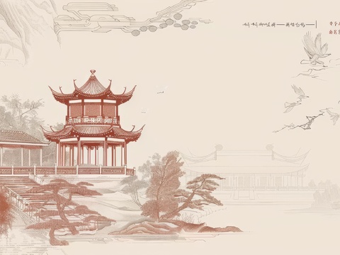  新中式亭台楼阁线条建筑壁画 