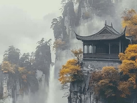  新中式亭台楼阁线条建筑壁画 