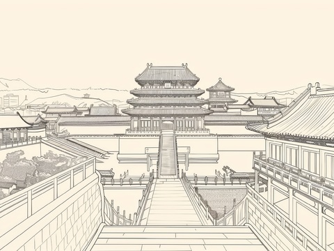  新中式亭台楼阁线条建筑壁画 