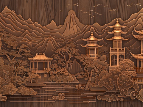  新中式亭台楼阁线条建筑壁画 