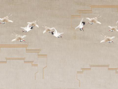  中式江南建筑仙鹤壁纸壁画 新中式建筑壁纸壁画 