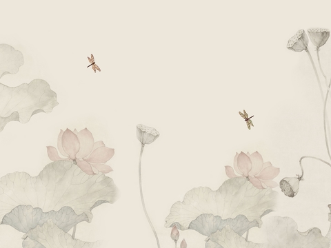  中式荷花壁纸壁画装饰画 