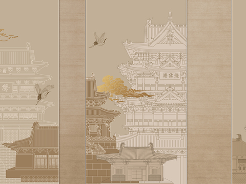  中式建筑壁纸壁画 新中式建筑壁纸壁画 