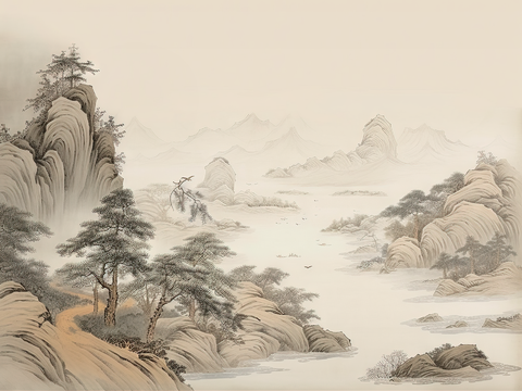  中式山水意境壁纸壁画 