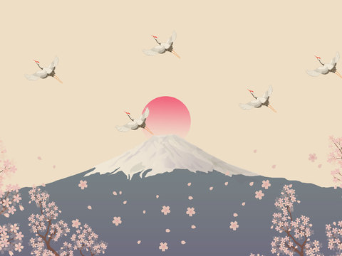  中式花鸟仙鹤壁纸壁画装饰画 