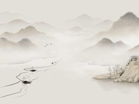  新中式山水壁纸壁画  中式山水壁纸壁画 