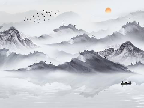  中式山水意境壁纸壁画装饰画 