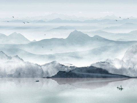  新中式山水壁纸壁画  中式山水壁纸壁画 
