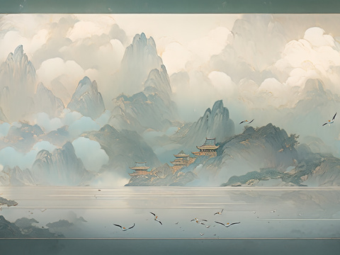  中式山水意境壁纸壁画  新中式山水楼阁壁纸壁画 