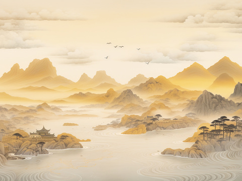  中式山水意境壁纸壁画  新中式山水壁纸壁画 
