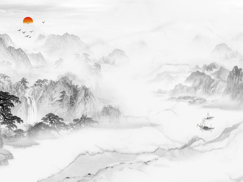  新中式山水壁纸壁画  中式山水壁纸壁画 