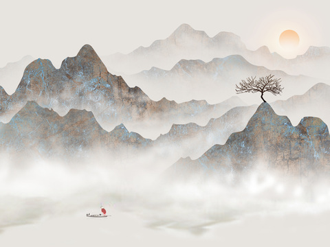  中式山水意境壁纸壁画  新中式山水壁纸壁画 