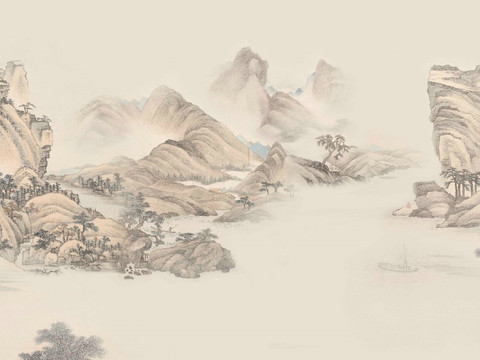  新中式山水壁纸壁画  中式山水壁纸壁画 