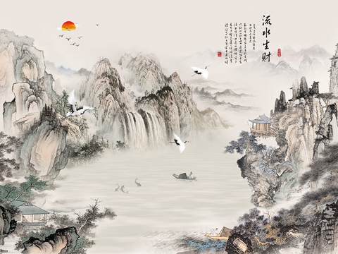  中式山水意境壁纸壁画装饰画 