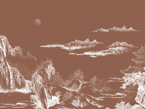  中式山水壁画壁纸  新中式山水楼阁壁纸壁画装饰画 