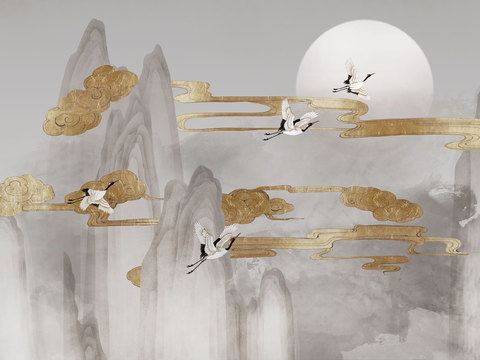  中式仙鹤山水壁纸壁画 