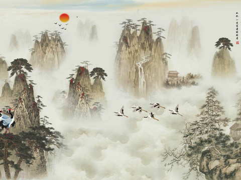  新中式山水壁纸壁画  中式山水壁纸壁画 