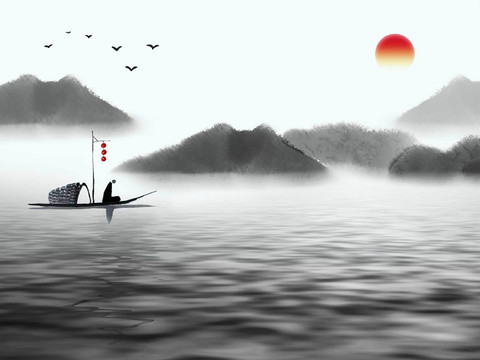  中式山水意境壁纸壁画装饰画 