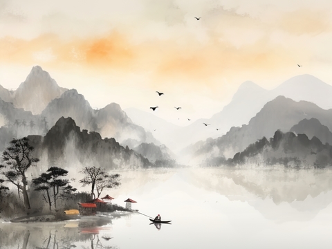  新中式山水壁纸壁画  中式山水壁纸壁画 