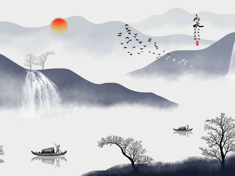  中式山水意境壁纸壁画装饰画 