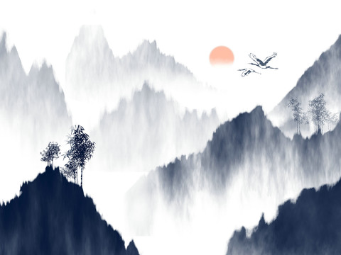  中式山水水墨意境壁纸壁画装饰画 