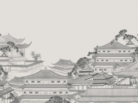  中式山水壁画壁纸  新中式山水楼阁壁纸壁画装饰画 