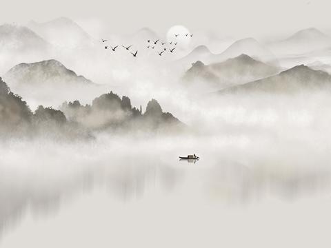  新中式山水壁纸壁画  中式山水壁纸壁画 