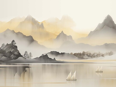  中式山水意境壁纸壁画  新中式山水壁纸壁画 