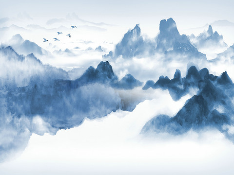  新中式蓝色山水壁纸壁画  中式山水壁纸壁画 
