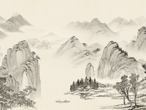  新中式山水壁纸壁画  中式山水壁纸壁画 