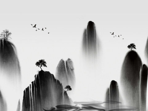 中式山水意境壁纸壁画装饰画 