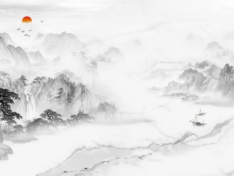  新中式山水壁纸壁画  中式山水壁纸壁画 