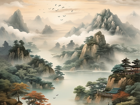  中式山水意境写实壁纸壁画 