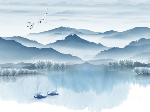 新中式山水壁纸壁画  中式山水壁纸壁画 