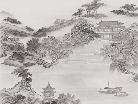  中式山水壁画壁纸  新中式山水楼阁壁纸壁画装饰画 