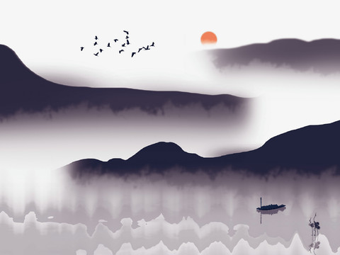  中式新中式山水水墨意境壁纸壁画装饰画 