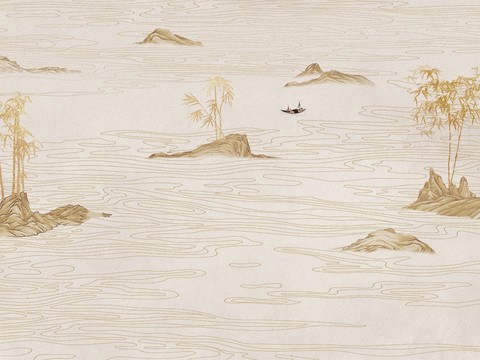  中式山水壁画壁纸  新中式山水楼阁背景墙 