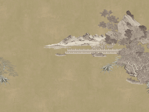  中式山水壁画壁纸  新中式山水壁画壁纸 