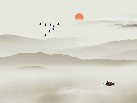 中式山水壁画壁纸  新中式山水背景墙 