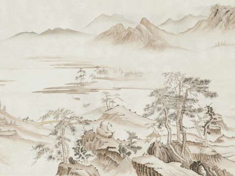  中式山水壁画壁纸  新中式山水背景墙 