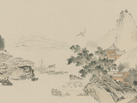  中式山水壁画壁纸  新中式山水楼阁背景墙 