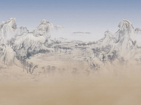  中式山水壁画壁纸  新中式山水背景墙 