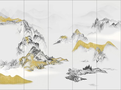  中式山水壁画壁纸  新中式山水壁画背景墙 