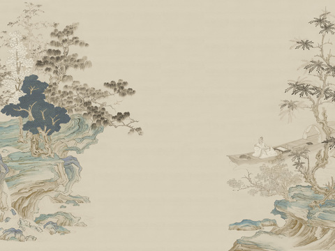  中式山水壁画壁纸  新中式山水背景墙 