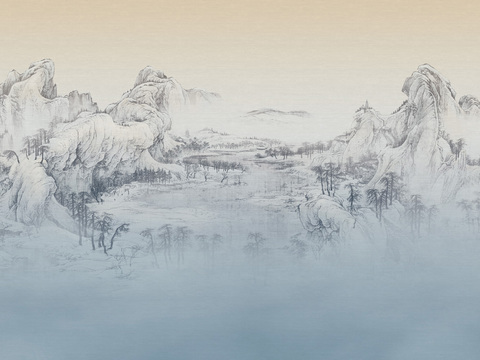  中式山水壁画壁纸  新中式山水壁画壁纸 