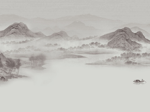  中式山水壁画壁纸  新中式山水背景墙 