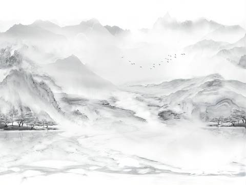  中式山水壁画壁纸  新中式山水背景墙 