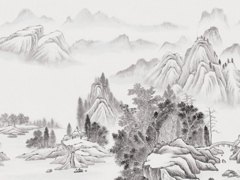  中式山水壁画壁纸  新中式山水壁画 