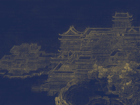  中式山水壁画壁纸  新中式山水楼阁背景墙 