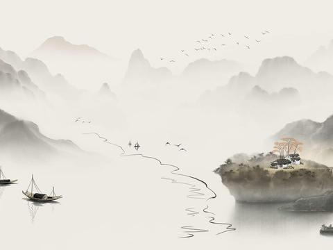  中式山水壁画壁纸  新中式山水背景墙 